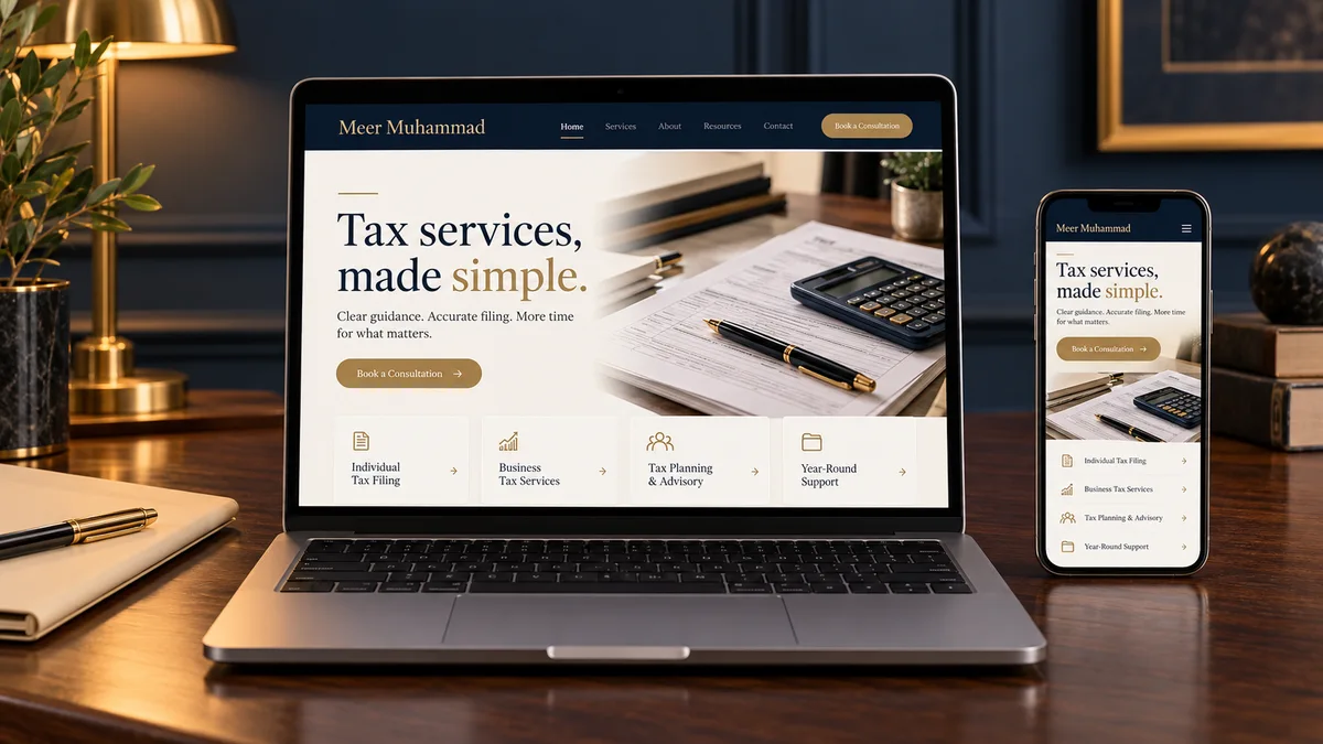 Concept artwork for the Meer Muhammad tax services website on laptop and mobile