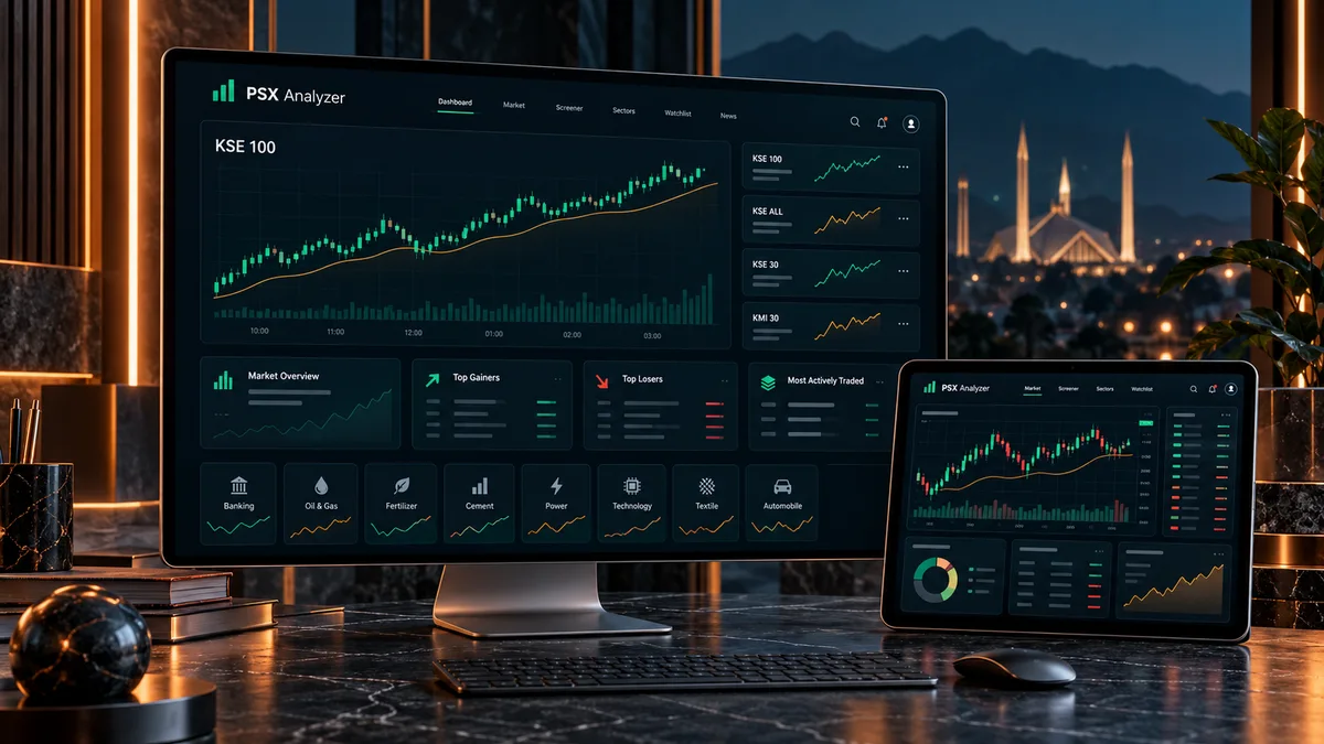 Concept artwork for the PSX Analyzer financial dashboard on desktop and tablet