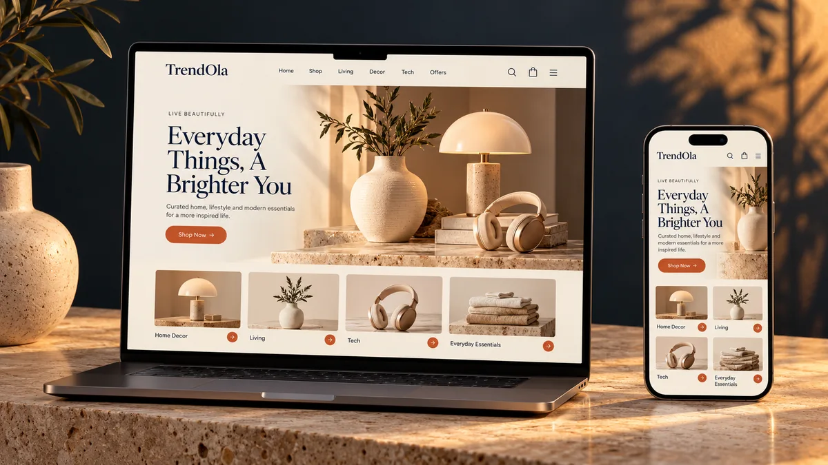 Concept artwork for the TrendOla lifestyle storefront on laptop and mobile