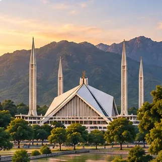 Faisal Mosque in Islamabad in front of the Margalla Hills